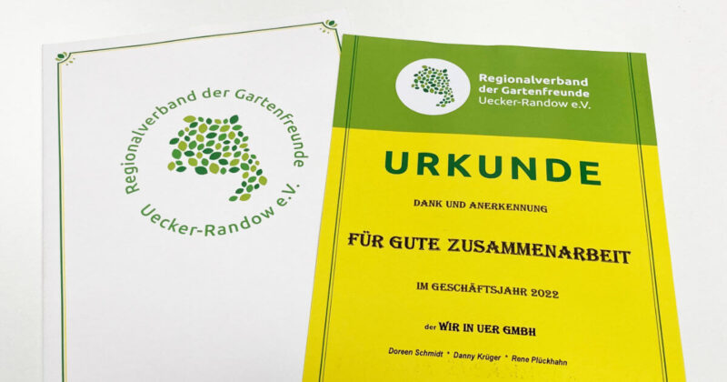 Urkunde für die gute Zusammenarbeit mit dem Regionalverband der Gartenfreunde Uecker-Randow e.V.